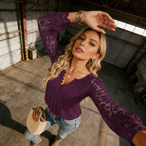 Blusa Casual de Oficina para Mujer, Elegante, con Mangas de Encaje Morado, Talla Grande, Cuello en V, Corta, con Botones, Transpirable y Ligera - Product Image 3