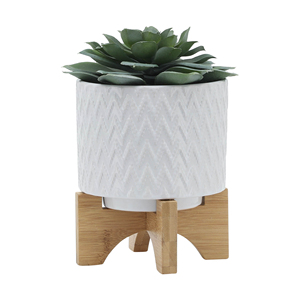 Maceta de Cerámica con Soporte de Madera, Diseño Texturizado Blanco para Decoración del Hogar y Jardín - Product Image 3