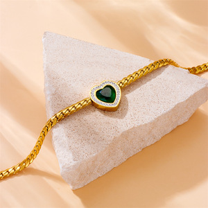 Heart Shape Emerald Jewelry <b>Set</b> Gold Plated Stainless Steel Necklace <b>Bracelet</b> Earrings Women's Everyday Wear - Product Image 3