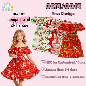 Ensemble <span class=keywords><strong>2</strong></span> pièces pour fille, imprimé Noël, comprenant une barboteuse à épaules dénudées et manches volantées et une jupe à nouer assortie, vêtements de boutique festifs pour bébé - Product Image 1