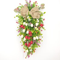 Guirlande de porte rustique en forme de tulipe, couronne florale en lin avec nœud, guirlande de fleurs artificielles pour la décoration de la maison au printemps