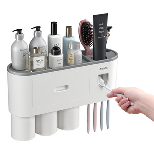 High Quality Magnetic Plastic Toothbrush Holder Wall Mounted Automatic Toothpaste Dispenser Bathroom Accessories