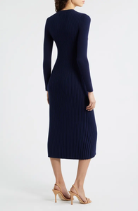 Vestito midi in <span class=keywords><strong>maglia</strong></span> a costine <span class=keywords><strong>blu</strong></span> navy con scollo a V e bottoni, da donna, a maniche lunghe, aderente, modello maglione - Vendita calda - Product Image 5