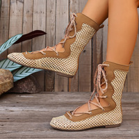 Bottes plates décontractées pour femmes, style gladiateur romain, à bout rond, talon bas, à lacets, avec manchette tricotée à la cheville, chaussures d'été pour la plage