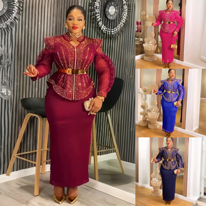 S10359 Luxury Plus Size Women Shirt Set <strong>Heavy</strong> Rhinestone Bead Top and Skirt Set Two Piece African Party Outfits for Women - Product Image 2