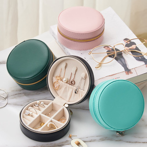 Portable Round PU Leather Velvet Travel Jewelry Box Ring Earrings Jewelry Storage Organizer Case
