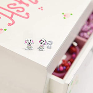 Boucles d'oreilles en or blanc E1920 pour femmes, motif chien de dessin animé, avec cristaux et strass, bijoux fantaisie mignons, cadeau tendance - Product Image 5