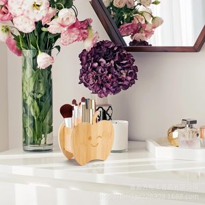 Apple Shaped Bamboo Storage <b>Box</b> With Partitions For Desk Organizing Remote Control Stationery <b>Makeup</b> Tools Natural Wood Color - Product Image 4