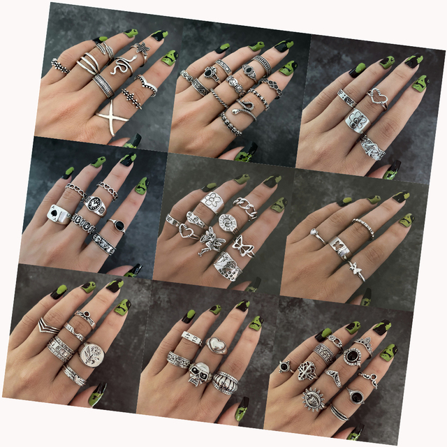 KISSWIFE Hip Hop Punk Silver Ring Set Geometric Snake Poker Ring for Women Fashion Butterfly Heart Jewelry Accessories