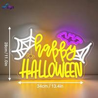 Panneau néon LED Joyeux Halloween avec toile d'araignée et chauve-souris, alimenté par USB, en acrylique, pour décoration murale de fêtes et bars à domicile