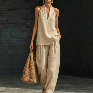 Women's Casual <b>Linen</b> Suit <b>Set</b> V-Neck Top Wide Leg Pants Solid Color SMLXLXXL3XL4XL5XL Europe America Style - Product Image 2