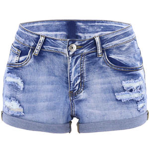 Short de plage d'été taille haute pour femme fendu Denim mode sauvage avec Sexy perforé élastique coupe ajustée manchette frisée Style décontracté - Product Image 1