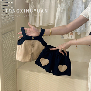Tongxingyuan Baby Girls Summer Set Tank Top With Heart Shorts Two Piece Thin Cotton Korean Style Outfit - Product Image 1
