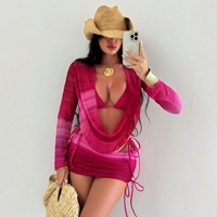 Q2530 - Maillot de bain femme 2026 - Ensemble 4 pièces sexy avec robe de plage à manches longues en mousseline de soie et maille, imprimé tie-dye dégradé