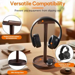 Soporte de madera para auriculares de escritorio, madera maciza de nogal negro, antideslizante, para auriculares con base de almacenamiento - Product Image 1