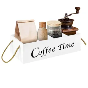 wooden coffee bar organizer with removable dividers for countertop wooden storage box with jute ropes Coffee station organizer
