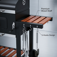 Barbecue au charbon de bois avec table de rangement latérale pliable et grandes roues de mobilité pour patio, camping, pique-nique