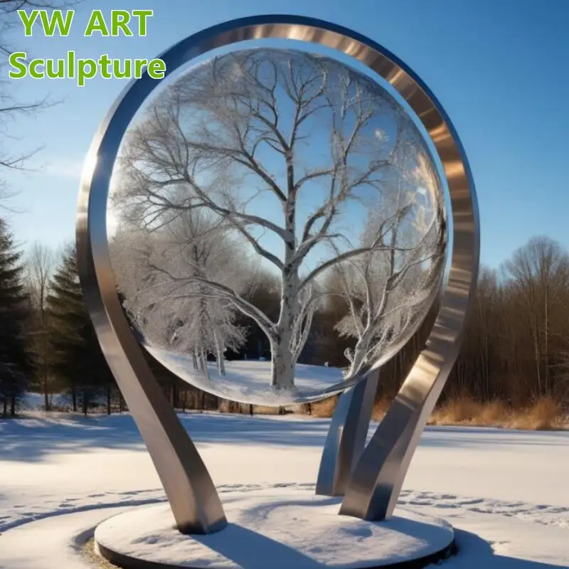 Tác phẩm điêu khắc vòng tròn lớn bằng thép không gỉ nghệ thuật công cộng tự nhiên lớn tuyết phong cảnh trừu tượng gương cây và fan hâm mộ