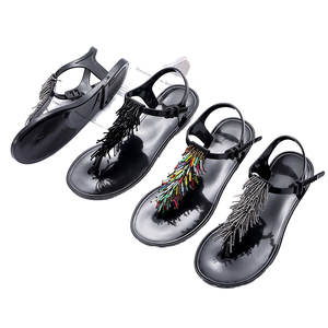 New Internet Celebrity Tassels Beads T Strap Slides Flat Sandals Women Solid Color Breathable Waterproof Soft PVC - Product Image 1