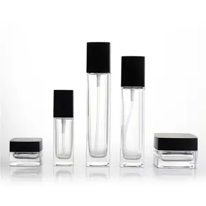 Botellas de vidrio de aceite esencial para cosméticos, botellas cuadradas de vidrio de 30ml y 50ml, color negro mate, botón de presión, gotero, rectangular