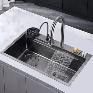 Lavello da <span class=keywords><strong>Cucina</strong></span> Rettangolare Fatto a Mano in Acciaio Inox SUS304 con Cascata, Doppia Vasca e Rubinetto Monoforo - Product Image 2