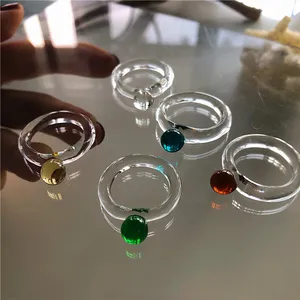 简约设计夏季透明丙烯酸红色绿色珠子环单圆球透明树脂环