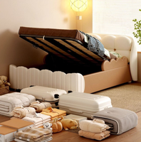 Lit pour enfants au design moderne avec coffre de rangement haut, barrière de sécurité, en bois écologique et cuir, pour garçons et filles, idéal pour la maternelle