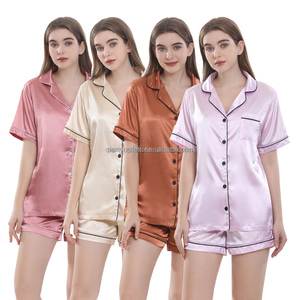 Pijamas de Seda y Satén de Lujo para <span class=keywords><strong>Mujer</strong></span>, Personalizadas, con Cintura Elástica, Transpirables, de Manga Corta, con Cuello Camisero, para Verano, Gran Venta - Product Image 2