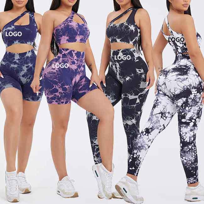 New Tie Dye Seamless One Shoulder Sports Bra High Waist Shorts Scrunch Butt Leggings 3pcs Yoga Suits Quick Drying Yoga Set