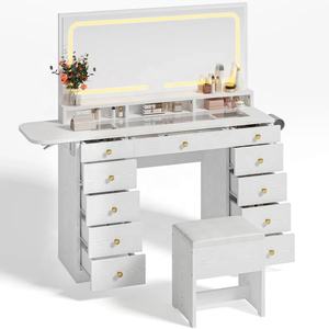 Coiffeuse blanche personnalisée avec grand miroir LED et plateau en verre trempé, 11 tiroirs, et design à extension latérale - Product Image 6