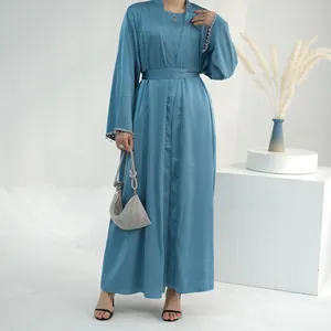 Yeni stil islam giyim kadın saten geleneksel müslüman giyim aksesuarları 2 parça Abaya Set düz Abaya