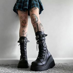 Botas de motociclista <span class=keywords><strong>Demonia</strong></span> con plataforma de 9.5 cm de grosor, botines estilo gótico oscuro para mujer, botas de montar negras mate. - Product Image 2