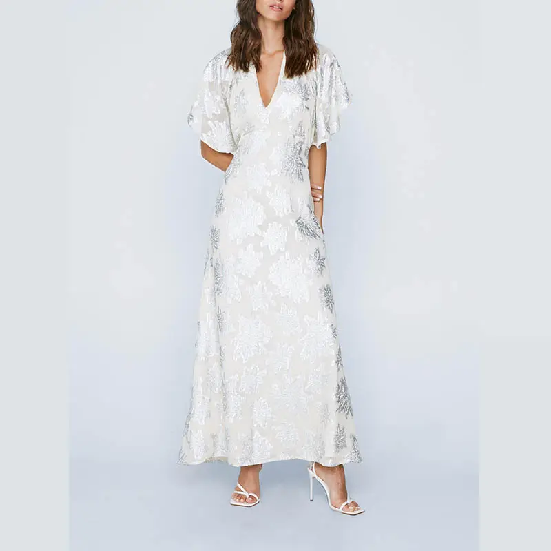 2022 Women Clothing V-Neck Open Back Split Petite Angel Sleeve Metallic Floral Print White and Gold Maxi Dresses