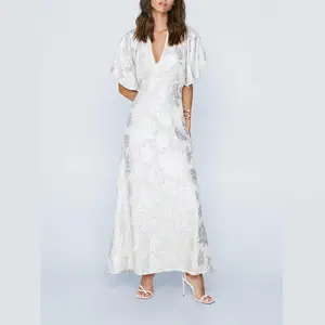 Robe longue fendue à manches d'ange pour femme, col en v, dos ouvert, imprimé Floral métallisé, blanc et or, 2022