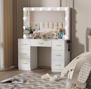 โต๊ะเครื่องแป้งสีขาวพร้อมกระจกมีไฟ สามโหมดสี ปรับความสว่างได้ พร้อมแท่นชาร์จ ลิ้นชักสี่ช่องแบบเลื่อนได้ - Product Image 4