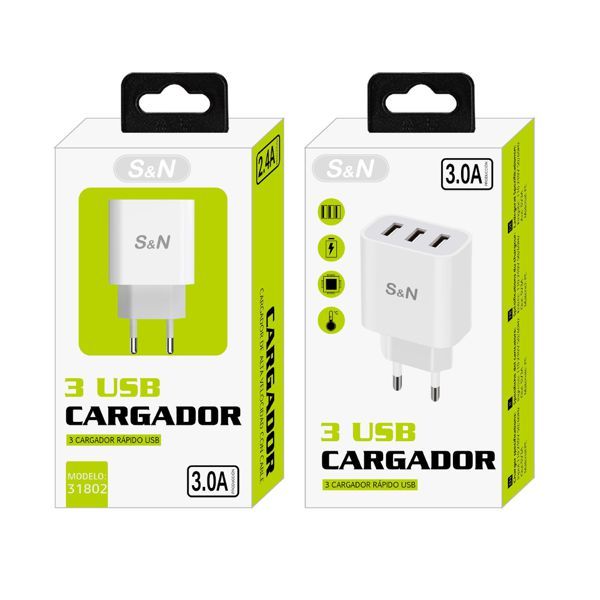 S&N 3 USB Charger 5V/3A QC3.0 15W Rapid Charging Eco-Friendly Universal Wall Adapter