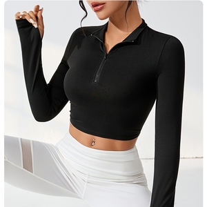 [Style d'inspiration] Ensemble 2 pièces de vêtements de yoga et de sport, style européen-américain, uni, respirant, avec fermeture éclair, <span class=keywords><strong>moulant</strong></span> et à manches longues - Product Image 2