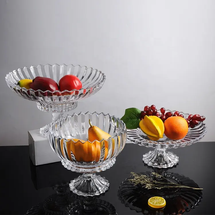 High Quality Bohemian Vintage Elegant Crystal Clear Glass Footed Fruit Elegant Home Decorative Cake Tray Set Pack Giveaways