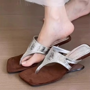 French Retro Square-toed Slip-on Flip-flops Women Summer Outdoor High-heeled Wedge <b>Sandals</b> Rubber Outsole Superfine Fiber - Product Image 4