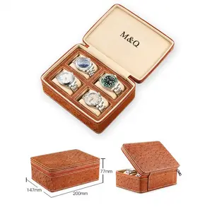 Caja de reloj de cuero con patrón de avestruz, logotipo personalizado, 4 ranuras, para 4 Relojes