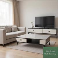 Meuble TV et Table Basse Combinés en Bois Minimaliste Moderne avec Plateau en Pierre Artificielle, Meuble de Rangement de Luxe Léger pour Salon
