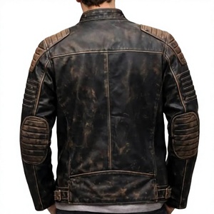 Blouson de moto en cuir véritable pour homme LONG MISSION INDUSTRY, col montant, fermeture éclair, couleur unie, finition délavée, coupe ajustée - Product Image 5