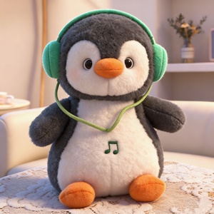 Pinguino Musicale Personalizzato OEM Super Morbido e Carino con Cuffie Verdi, Imbottito in Cotone PP, Giocattolo Antistress per Compleanno - Product Image 1