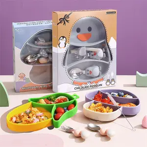 5PCS Set Cartoon Silicone Plates For Children Dishes Mushroom Penguin Rabbit Silicone Baby Feeding Set Baby Plate Suction