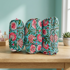 Traditional Floral Printed <b>Vanity</b> Pouch for Women Teal and Pink Ethnic <b>Makeup</b> Organizer Bag with Heritage Design 3 Piece Set - Product Image 1