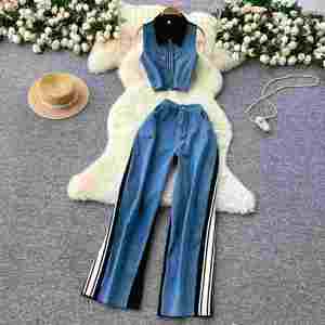 Women's Vintage Summer Woven 2-Piece Long Sets V-neck Sleeveless Short Crop <b>Top</b> Breathable High Waist Color Blocking Denim Pants - Product Image 2