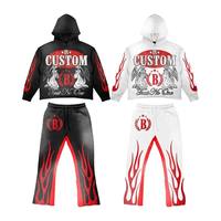 Ensemble de survêtement homme personnalisé en molleton de coton épais, style Y2K streetwear, avec imprimé graphique flamme et coupe évasée, vente en gros