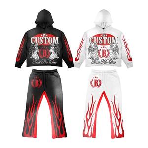 Custom Wholesale Heavyweight Cotton Fleece Y2K Streetwear Flame Graphic Print Flare <b>Leg</b> Mens Tracksuit Set - Product Image 1