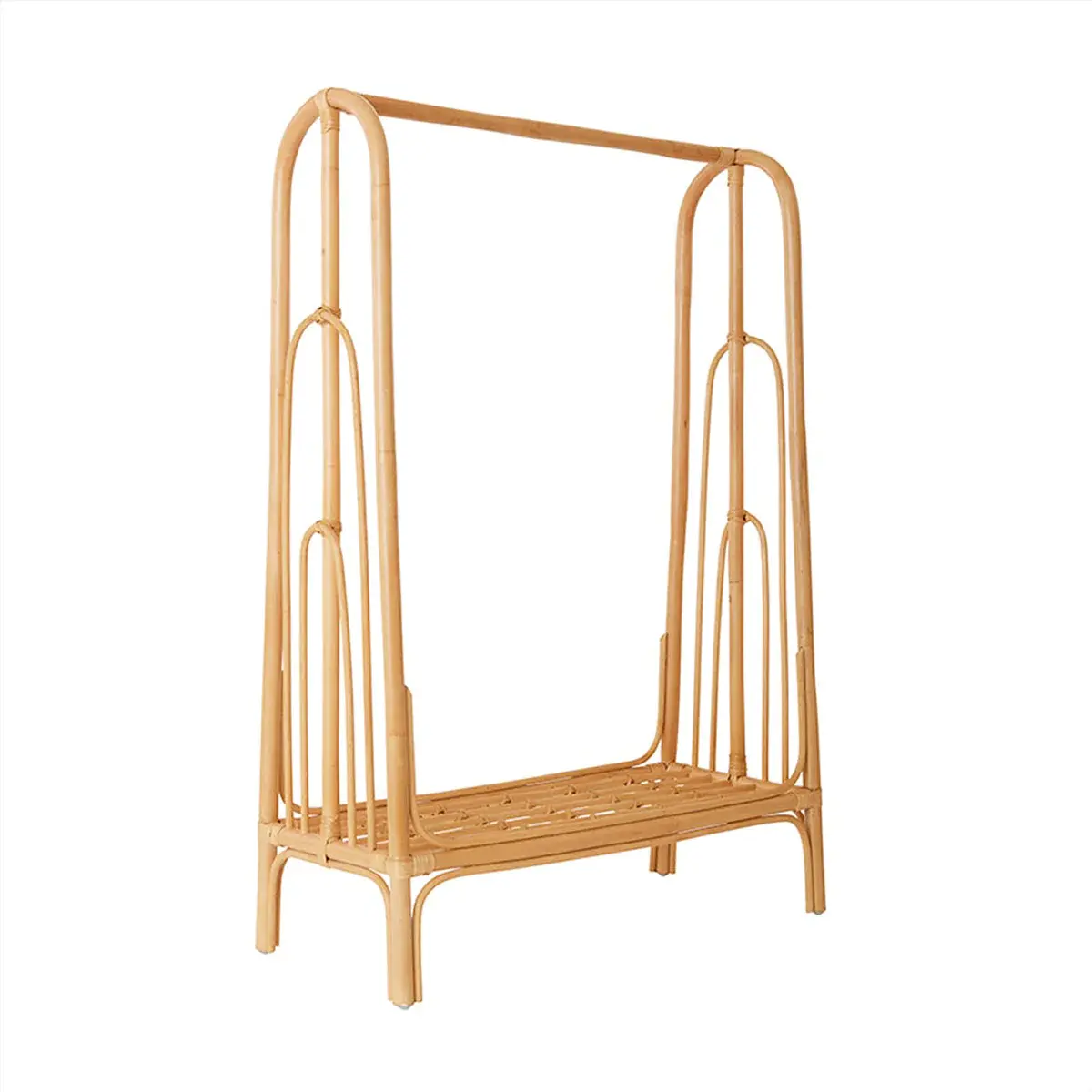 Suporte de roupas em rattan natural, rack com haste superior e prateleira para armazenamento inferior de roupas, quarto interno