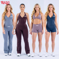 Ensemble de yoga fitness personnalisé pour femme, haut de yoga dos nu respirant couleur chair, leggings évasés à manches longues, ensemble 2 pièces en Spandex pour entraînement et gym